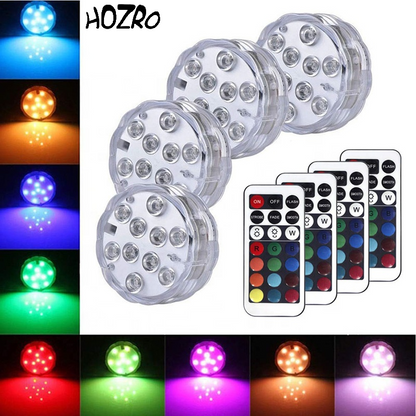 Set 4 Lămpi LED Subacvatice HOZRO, pentru Piscină – 16 Culori RGB, 4 Moduri de Iluminare, Rezistență la Apă IP68, cu 4 Telecomenzi Wireless, 10 Mărgele LED Ultra-Luminoase, Material Plastic Durabil, Economisire de Energie, pentru Interior și Exterior HOZRO