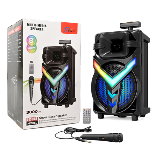 Boxă Portabilă HOZRO, Model ZQS-8158 cu Bluetooth, Microfon Wireless, Lumini LED Party, Radio FM și Baterie Reîncărcabilă – Putere Mare și Sunet Clar pentru Petreceri, Karaoke și Evenimente HOZRO