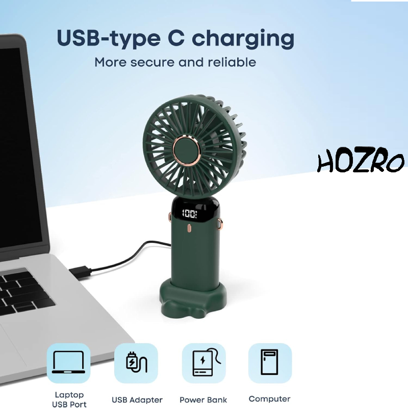 🎁 1+1 GRATIS – Ventilator Portabil HOZRO, 4 în 1 cu Aromaterapie 💨 De Mână, Birou, Gât, LCD, USB, 12h Autonomie, Verde Închis, 4000 mAh HOZRO