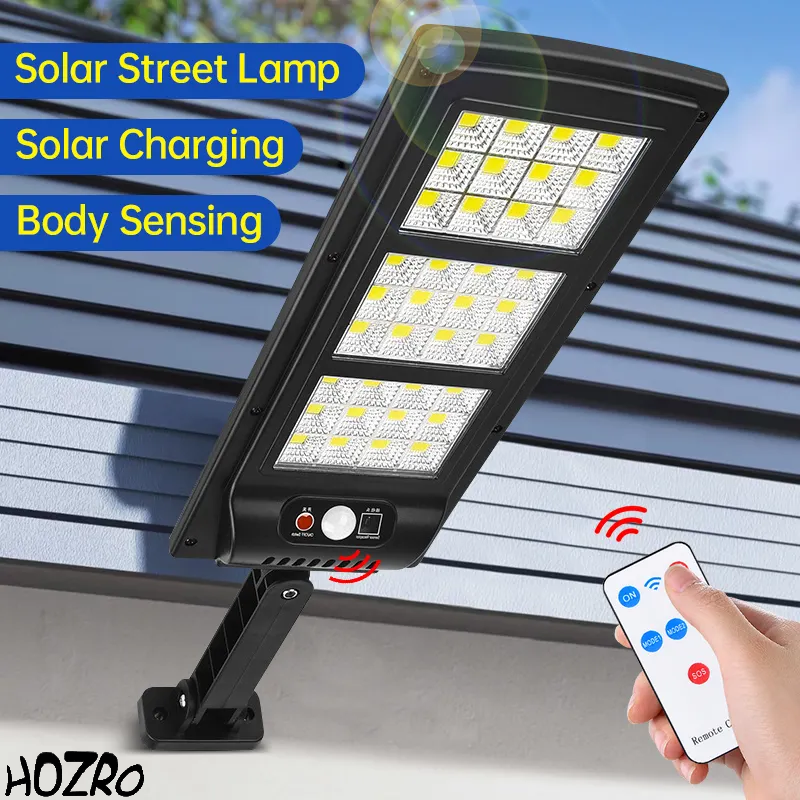 Lampa solara de perete HOZRO. SL-144 COB cu senzor de miscare, telecomanda, incarcare solara, 144 LED-uri super-luminoase, rezistenta la apa, ideala pentru exterior HOZRO
