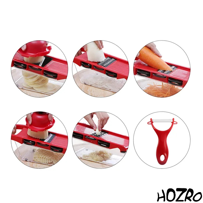 Răzătoare Multifuncțională HOZRO, Nicer Dicer Roșu – Set de Bucătărie cu Lame Ascuțite din Oțel Inoxidabil, Recipient Inclus, Accesorii pentru Tăiere, Felii, Cuburi și Julienne, Ideală pentru Legume, Fructe și Brânzeturi HOZRO