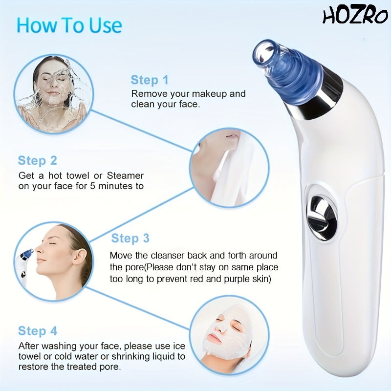 Aparat Vacuum HOZRO, Derma Suction pentru Curățarea Tenului, Îndepărtarea Punctelor Negre și Exfoliere Delicată, cu Capete Interșchimbabile și Putere Reglabilă – Îngrijire Profesională la Tine Acasă HOZRO