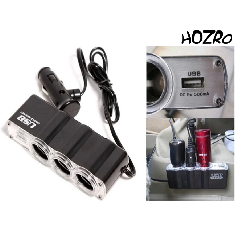 Priză Triplă Brichetă Auto HOZRO, Adaptor 12V/24V cu 3 Porturi pentru Alimentare Simultană, USB Integrat, Protecție la Supratensiune și Design Compact, Ideal pentru Telefon, GPS și Accesorii Auto HOZRO
