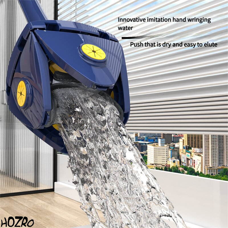 Mop Plat cu 4 Colturi , Versatil, Cap Rotativ 360°, Sistem Revolutionar de Stoarcere, Usor de Folosit, Uscat, Umed, 140 cm, Albastru Inchis HOZRO