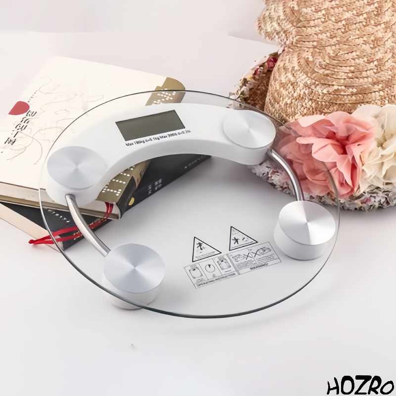 Cântar de Baie HOZRO, Rotund, Model 2003A – Design Modern și Elegant, Platformă din Sticlă Securizată, Afișaj Digital LCD, Funcție de Oprire Automată și Capacitate de Până la 180 kg HOZRO
