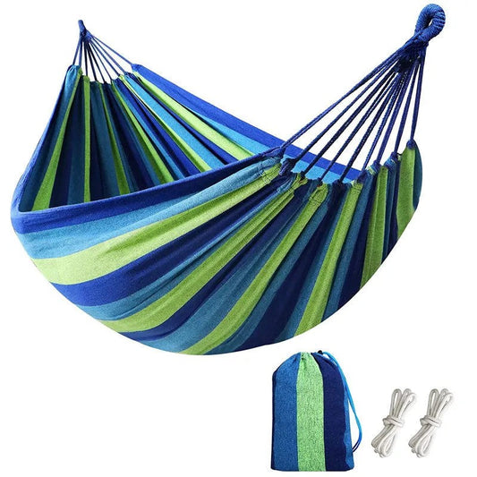 Hamac din bumbac, pentru doua persoane, suporta maxim 180 kg, 260 x 150 cm, sfori ancorare copac, husa hamac, Albastru Multicolor BESTSELLS