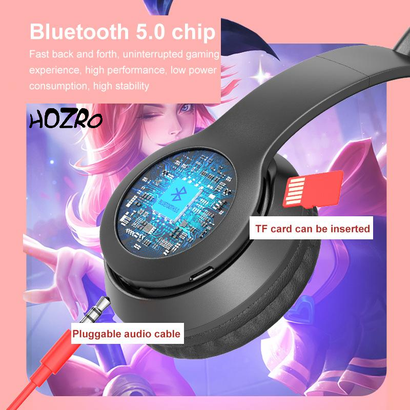 Căști Wireless HOZRO, Model P47 cu Urechi de Pisică – Model Negru, Bluetooth, Microfon Integrat și Design cu LED-uri HOZRO