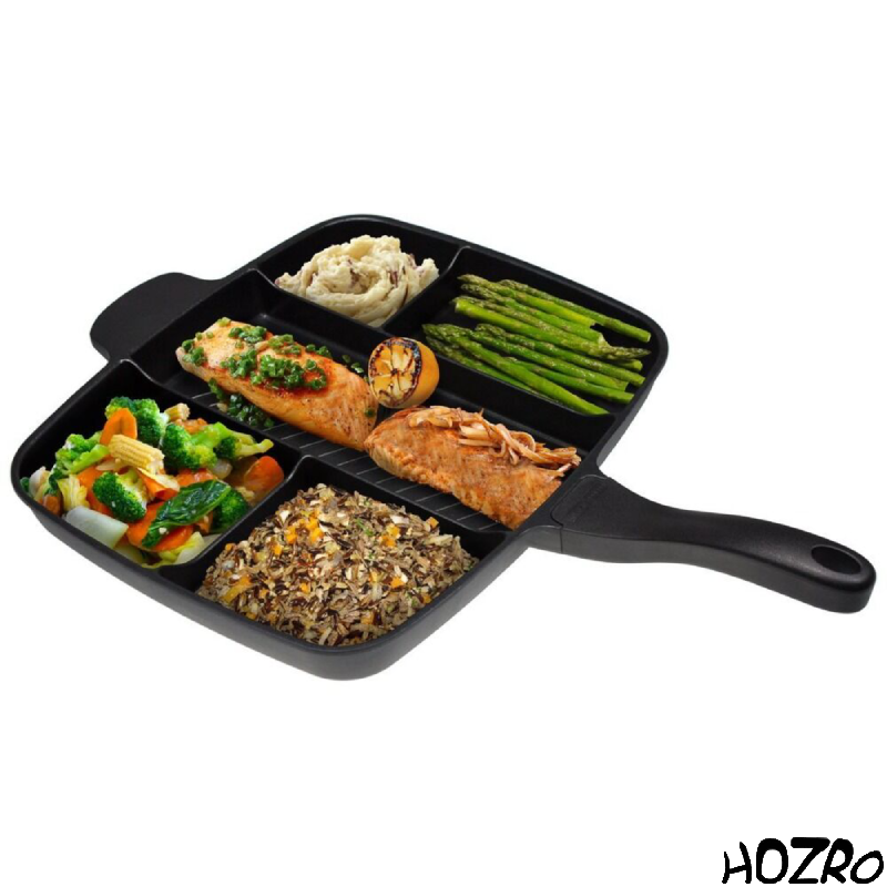 Tigaie Grill HOZRO, cu 4 compartimente, antiaderentă, ideală pentru prepararea rapidă și sănătoasă a cărnii, legumelor sau ouălor, pentru micul dejun și mesele zilnice HOZRO