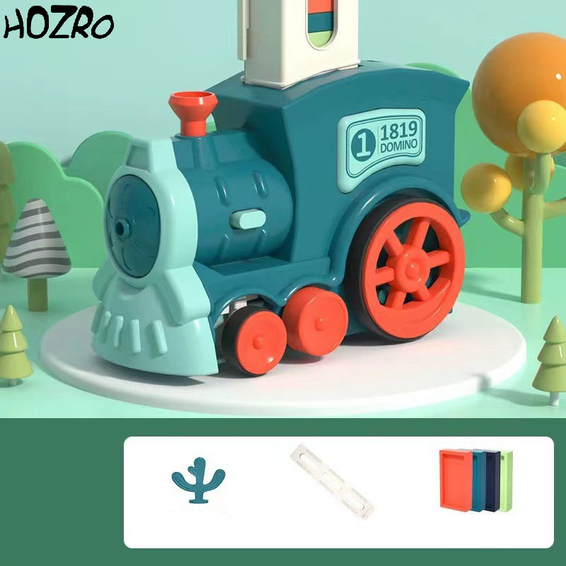 Tren Domino HOZRO, pentru Copii, cu Baterii, Lumini și Muzică, Set de Construcție și Așezare Domino, Jucărie Interactivă și Educativă, Plastic Rezistent, Ideal pentru Creativitate și Distracție HOZRO