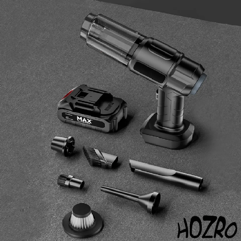 Aspirator Auto 6 in 1 Fara Fir HOZRO, pentru Casa, Masina, Calculator, Birou, Putere 100W, 2 Acumulatori, Eficienta Mare, Functii de Aspirare, Suflare, Vidare, Filtru HEPA, Perie Detailing, Negru HOZRO