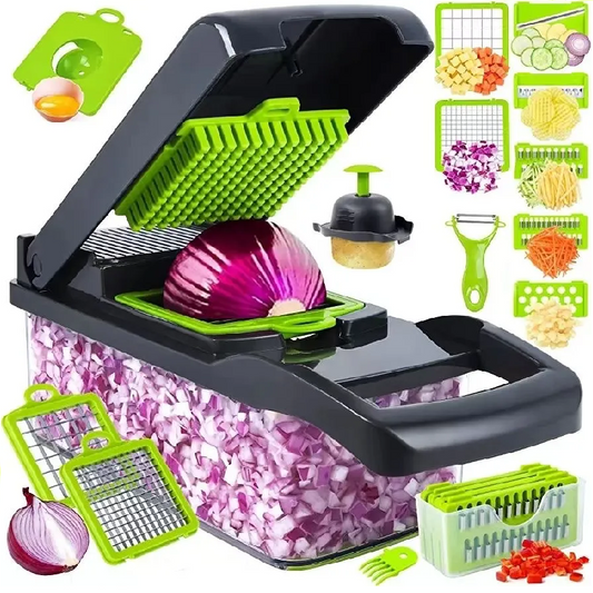 Răzătoare Multifuncțională HOZRO, cu 15 Piese – Set Complet de Bucătărie cu Lame din Oțel Inoxidabil, Accesorii pentru Tăiere, Feliere, Julienne, Cuburi și Deco­jire, Ideală pentru Legume, Fructe și Patiserie, Ușor de Curățat și Depozitat HOZRO