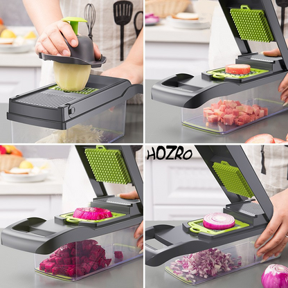 Răzătoare Multifuncțională HOZRO, cu 15 Piese – Set Complet de Bucătărie cu Lame din Oțel Inoxidabil, Accesorii pentru Tăiere, Feliere, Julienne, Cuburi și Deco­jire, Ideală pentru Legume, Fructe și Patiserie, Ușor de Curățat și Depozitat HOZRO