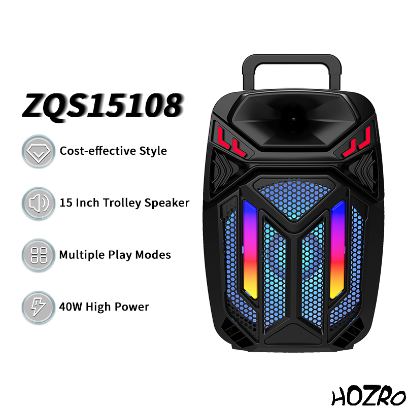 Boxă Portabilă HOZRO, Model ZQS-15108 cu Bluetooth, Microfon Wireless, Putere Mare, Efecte Luminoase LED, Radio FM și Baterie Reîncărcabilă – Sistem Audio Profesional pentru Karaoke, Petreceri și Evenimente HOZRO