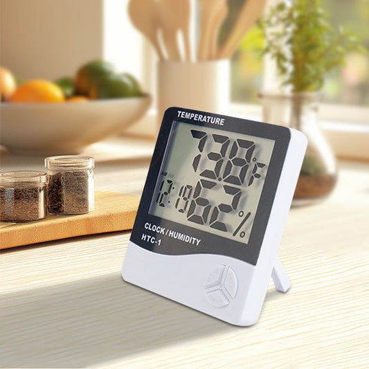 Termometru și Higrometru Digital HTC-1 HOZRO, cu Ecran LCD Mare, Funcție Ceas și Calendar, Alarmă Integrată, Afișare Temperatură și Umiditate cu Memorie MAX/MIN, Montaj pe Perete sau Birou, Ideal pentru Casă, Birou, Depozite și Camere de Bebeluşi HOZRO