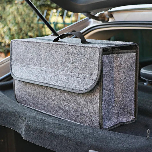 Geantă organizator auto HOZRO, din pâslă, model pliabil, multifuncțională, cu închidere tip clapetă și mâner – ideală pentru portbagaj, depozitare documente, unelte sau accesorii auto, design modern, culoare gri cu margini negre HOZRO