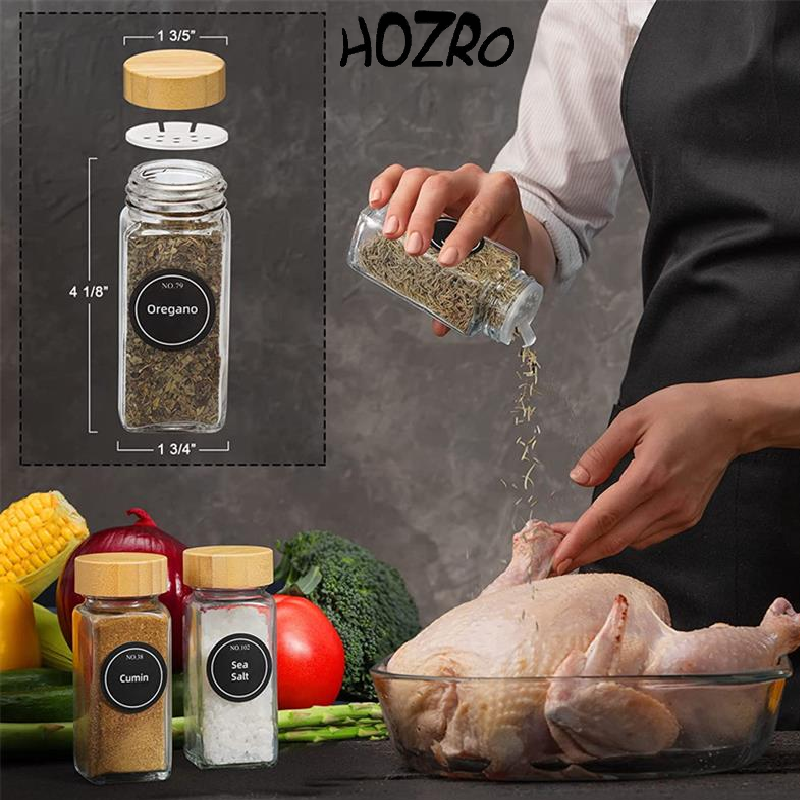 Set 24 Recipiente Condimente HOZRO, cu Capace Eterne, Sticlă Transparentă și Etichete Reutilizabile – Organizator Elegant pentru Bucătărie, Depozitare Ierburi, Sare, Piper și Mirodenii HOZRO