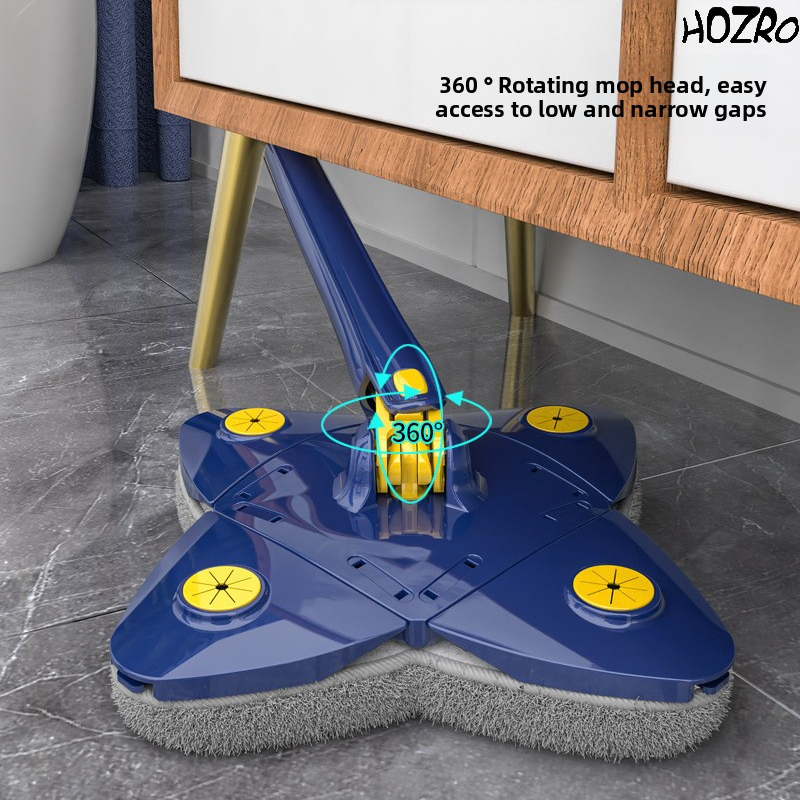 Mop Plat cu 4 Colturi , Versatil, Cap Rotativ 360°, Sistem Revolutionar de Stoarcere, Usor de Folosit, Uscat, Umed, 140 cm, Albastru Inchis HOZRO