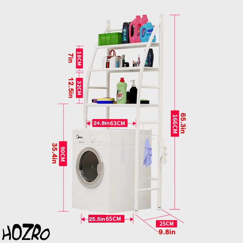 Raft Metalic de Depozitare HOZRO, pentru Masina de Spalat, 3 Etajere, Structura Solida, Design Compact si Modern, Ideal pentru Baie, Spalatorie sau Spatii Inguste, 68x25x166 cm, Alb HOZRO