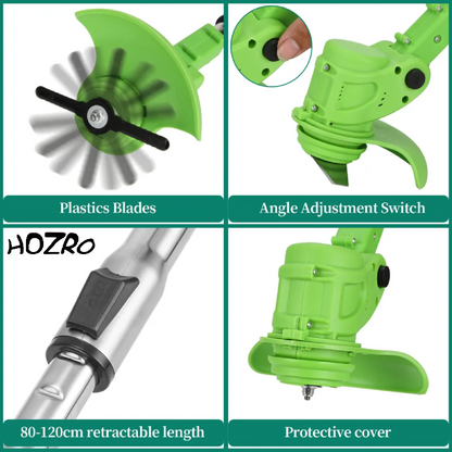 Motocoasa Electrica HOZRO, 1500W cu 2 Acumulatori 48V, Roti Detasabile si 3 Unghiuri de Taiere – Accesorii Incluse, Design Rezistent din ABS si Metal, Verde HOZRO