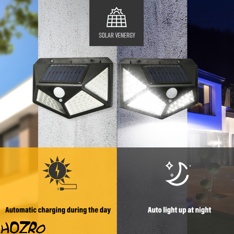 Lampă Solară cu 180 LED-uri HOZRO, Iluminare Puternică, Încărcare Solară, Senzor de Mișcare, Rezistentă la Intemperii HOZRO