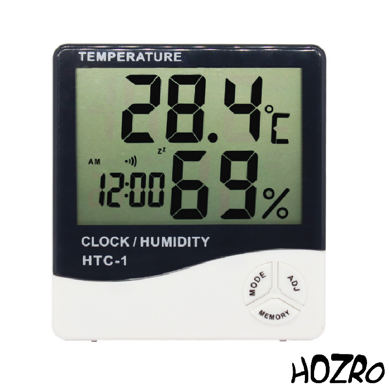 Termometru și Higrometru Digital HTC-1 HOZRO, cu Ecran LCD Mare, Funcție Ceas și Calendar, Alarmă Integrată, Afișare Temperatură și Umiditate cu Memorie MAX/MIN, Montaj pe Perete sau Birou, Ideal pentru Casă, Birou, Depozite și Camere de Bebeluşi HOZRO