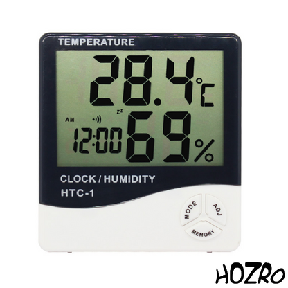 Termometru și Higrometru Digital HTC-1 HOZRO, cu Ecran LCD Mare, Funcție Ceas și Calendar, Alarmă Integrată, Afișare Temperatură și Umiditate cu Memorie MAX/MIN, Montaj pe Perete sau Birou, Ideal pentru Casă, Birou, Depozite și Camere de Bebeluşi HOZRO