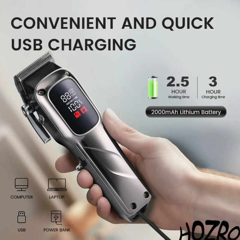 Masina de tuns profesionala HOZRO, cu afisaj digital LED, autonomie ridicata, 2000 mAh, accesorii multiple si lame de precizie pentru o taiere perfecta a parului si a barbii HOZRO