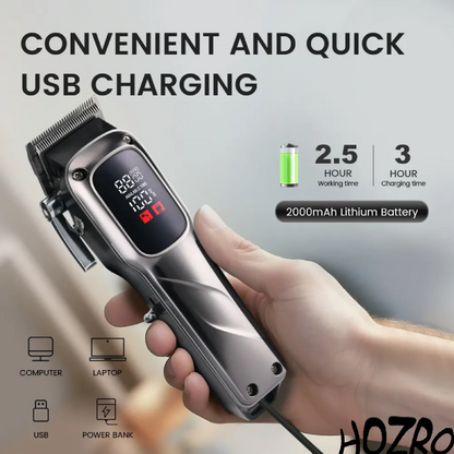 Masina de tuns profesionala HOZRO, cu afisaj digital LED, autonomie ridicata, 2000 mAh, accesorii multiple si lame de precizie pentru o taiere perfecta a parului si a barbii HOZRO