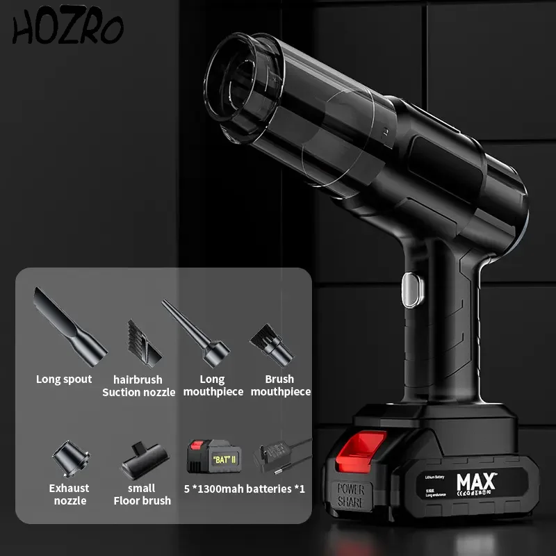 Aspirator Auto 6 in 1 Fara Fir HOZRO, pentru Casa, Masina, Calculator, Birou, Putere 100W, 2 Acumulatori, Eficienta Mare, Functii de Aspirare, Suflare, Vidare, Filtru HEPA, Perie Detailing, Negru HOZRO