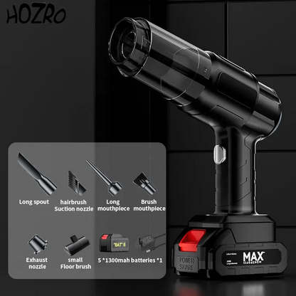 Aspirator Auto 6 in 1 Fara Fir HOZRO, pentru Casa, Masina, Calculator, Birou, Putere 100W, 2 Acumulatori, Eficienta Mare, Functii de Aspirare, Suflare, Vidare, Filtru HEPA, Perie Detailing, Negru HOZRO