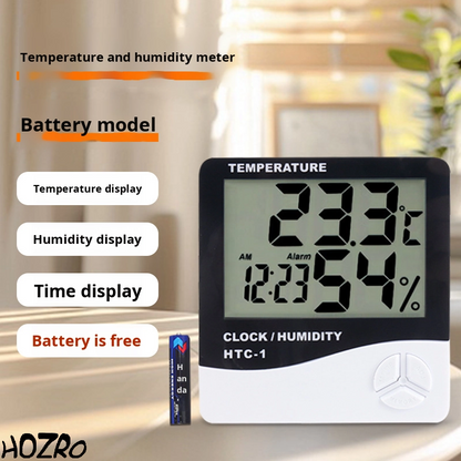 Termometru și Higrometru Digital HTC-1 HOZRO, cu Ecran LCD Mare, Funcție Ceas și Calendar, Alarmă Integrată, Afișare Temperatură și Umiditate cu Memorie MAX/MIN, Montaj pe Perete sau Birou, Ideal pentru Casă, Birou, Depozite și Camere de Bebeluşi HOZRO