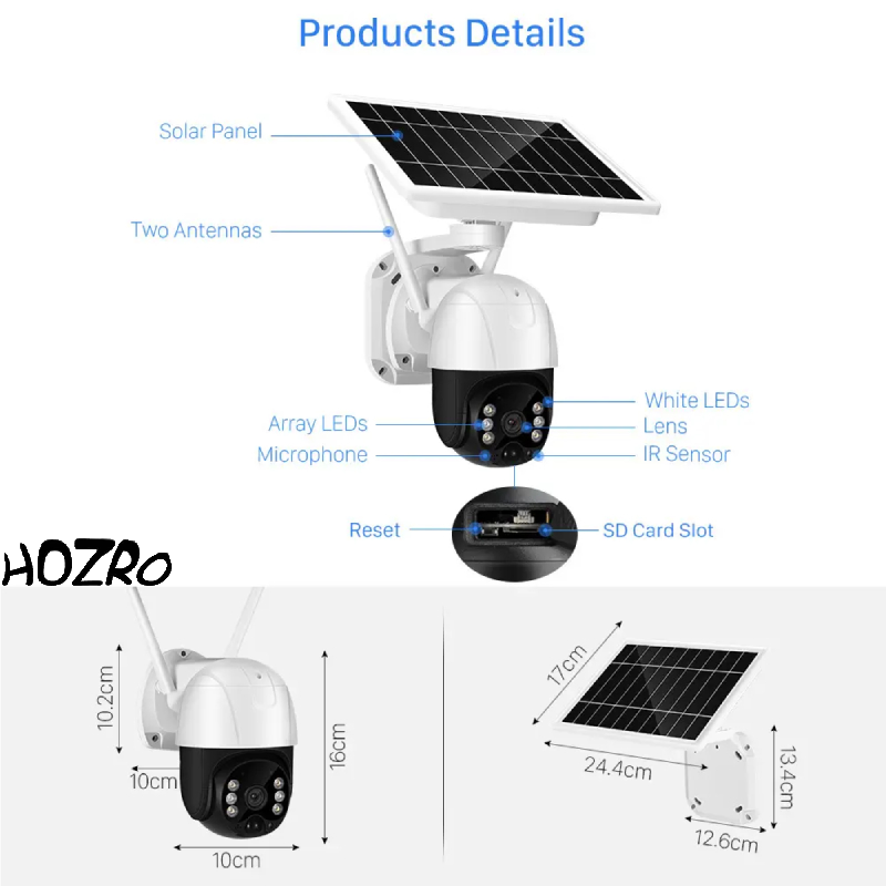 Camera de Supraveghere Solara Inteligenta HOZRO, 2 in 1, Model SPM-T0 Series, cu Panou Fotovoltaic si Vizualizare in Timp Real prin Aplicatie Mobila HOZRO