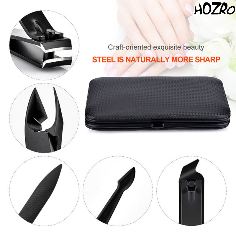 Trusă Profesională Manichiură și Pedichiură HOZRO, 18 Piese din Oțel Inoxidabil, Set Complet pentru Îngrijirea Unghiilor, Culoare Negru Elegant, Ideală pentru Acasă, Salon, Călătorii și Cadou HOZRO
