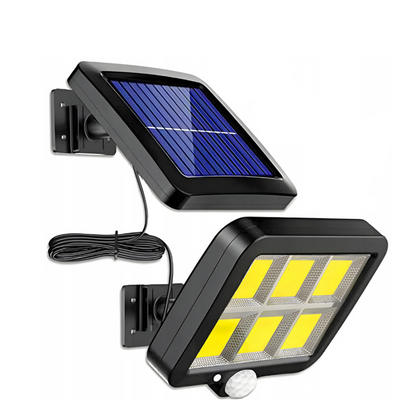 Lampă Solară Exterior HOZRO, cu 120 LED-uri Puternice, Senzor de Mișcare și de Lumină, Panou Solar Ajustabil, Impermeabilă și Eficientă Energetic – Iluminare Automată pentru Curte, Grădină, Alei sau Garaj HOZRO