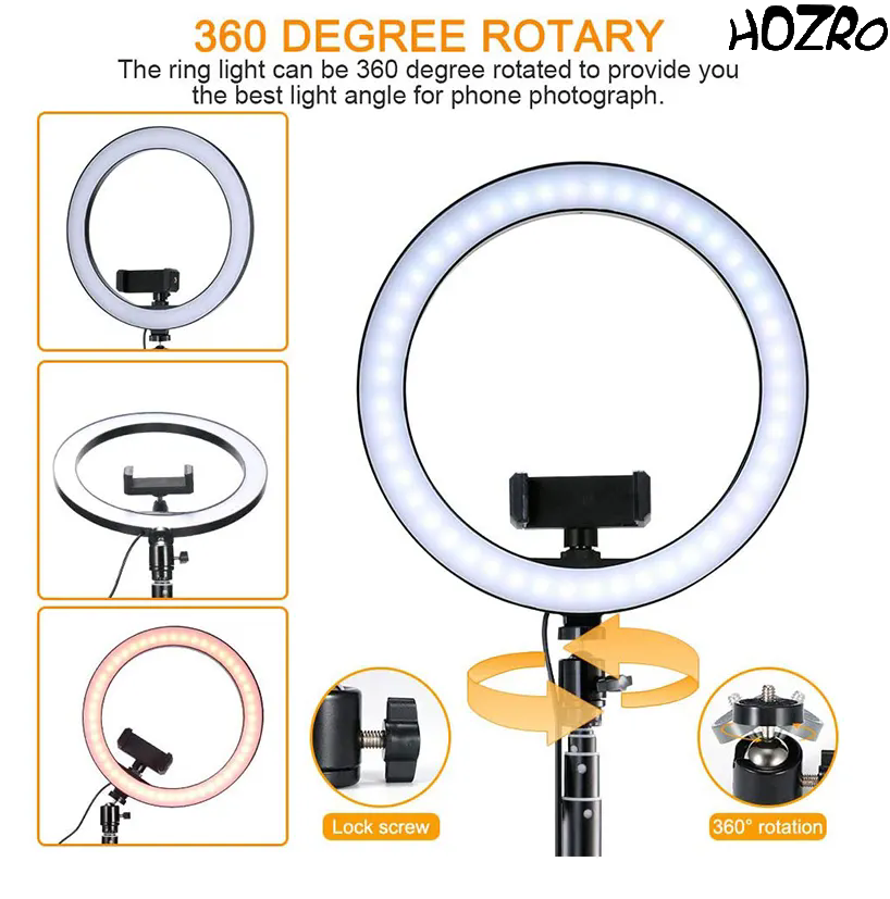 Lampa circulara Ring Light HOZRO, diametru 26cm/10" cu lumina RGB, lumina multicolora, conectare USB, reglaj intensitate, suport telefon, Perfectă pentru Orice Situație HOZRO