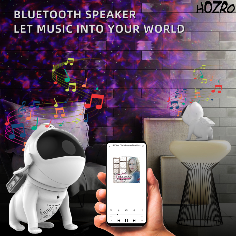 Proiector Astronomic HOZRO, Space Dog cu Design 3D Inteligent, Proiecție Stele și Galaxii în 360°, Lumină Ambientală Reglabilă și Funcție Bluetooth Music Player – Ideal pentru Dormitor, Relaxare, Copii și Decor Modern HOZRO
