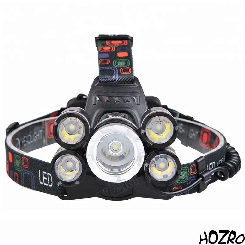 Lanternă de Cap Reîncărcabilă HOZRO, cu 5 LED-uri Puternice, Încărcare 220V și Auto, Culoare Neagră HOZRO