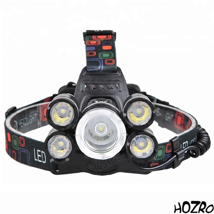 Lanternă de Cap Reîncărcabilă HOZRO, cu 5 LED-uri Puternice, Încărcare 220V și Auto, Culoare Neagră HOZRO