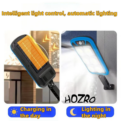 Lampa solara HOZRO, LED ZB150A cu senzor de miscare, carcasa rezistenta, eficienta energetica ridicata, protectie la intemperii, ideala pentru iluminatul exterior, gradini, terase si spatii comerciale HOZRO