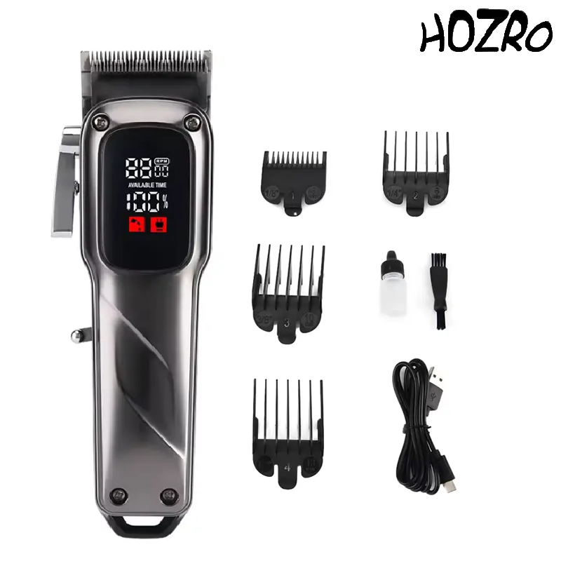 Masina de tuns profesionala HOZRO, cu afisaj digital LED, autonomie ridicata, 2000 mAh, accesorii multiple si lame de precizie pentru o taiere perfecta a parului si a barbii HOZRO