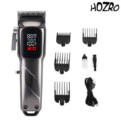 Masina de tuns profesionala HOZRO, cu afisaj digital LED, autonomie ridicata, 2000 mAh, accesorii multiple si lame de precizie pentru o taiere perfecta a parului si a barbii HOZRO