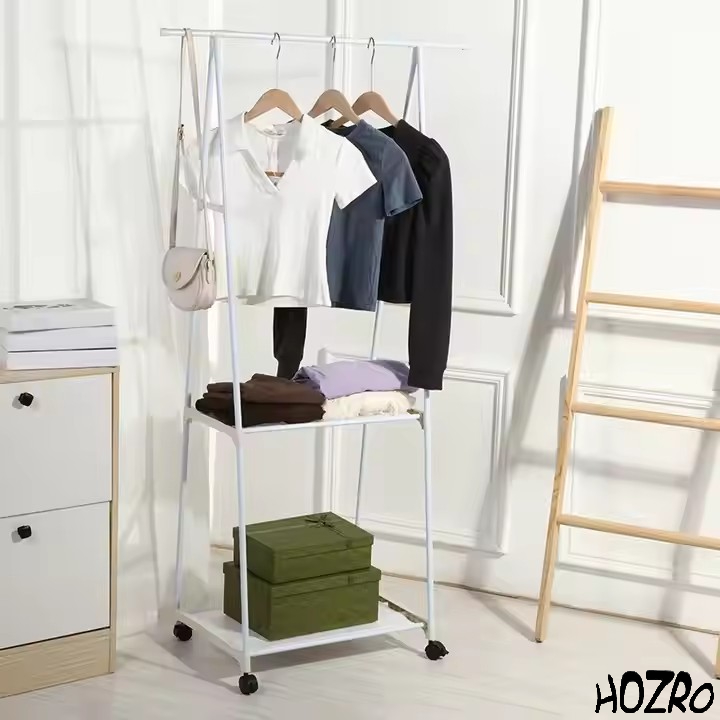 Suport Triunghiular HOZRO, pentru Haine și Umerașe, cu 2 Rafturi Inferioare pentru Depozitare, Design Compact și Stabil, Ideal pentru Dormitor, Hol sau Dressing HOZRO