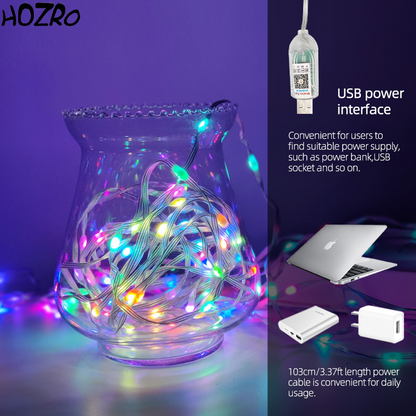 Instalatie Luminoasă Smart RGB HOZRO, Pentru Brad, 10M cu 100 LED-uri, Control prin Aplicație QR, Alimentare USB, 7 Culori și Efecte Multiple – Iluminare Decorativă Inteligentă pentru Crăciun, Dormitor, Terasă sau Evenimente HOZRO
