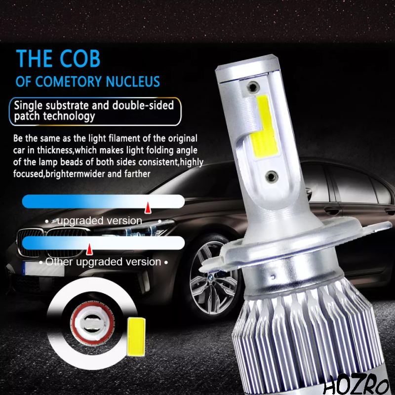 Bec LED Auto HOZRO, C6 H4, 36W 3800LM, lumină albă 6000K, tehnologie COB, economisire de energie și durată de viață extinsă, compatibil pentru faruri mașini și motociclete HOZRO