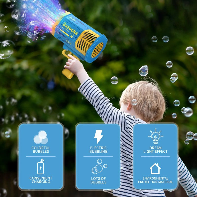 Pistol Electric de Baloane – Bubble Bazooka cu 69 de Orificii, Lumină LED, Reîncărcabil, Strong Wind – Joacă spectaculoasă în aer liber pentru copii BESTSELLS