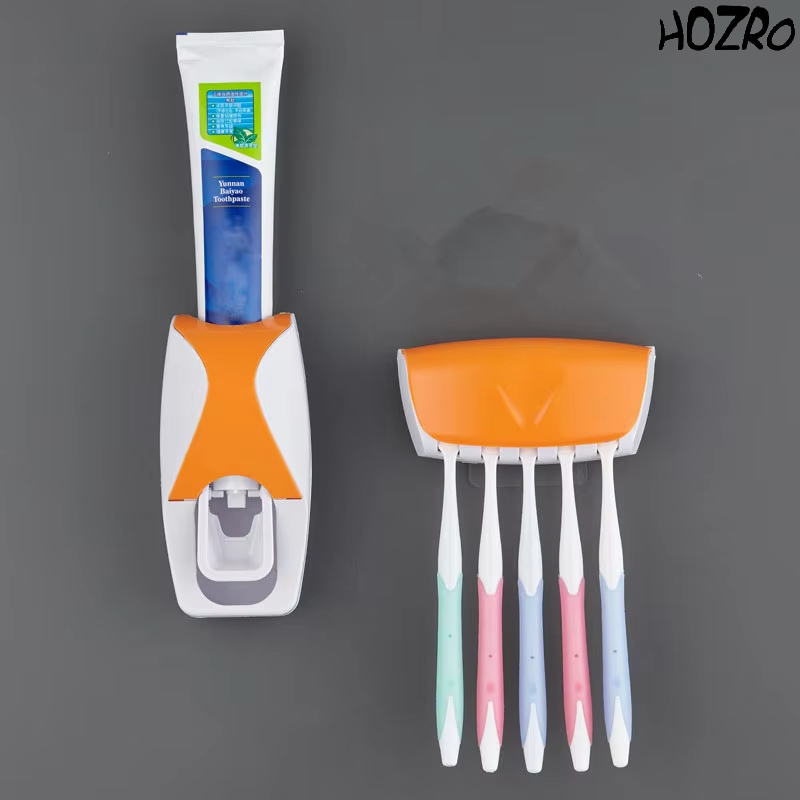 Dispenser Automat de Pastă de Dinți HOZRO, cu Suport pentru Periuțe și Montare pe Perete – Set Igienic pentru Baie, Dozator Pasta + Suport Periuțe, Design Modern și Antipraf HOZRO