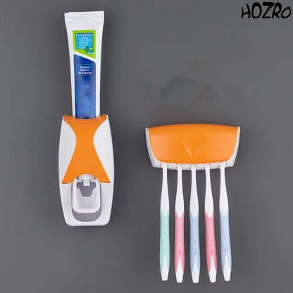 Dispenser Automat de Pastă de Dinți HOZRO, cu Suport pentru Periuțe și Montare pe Perete – Set Igienic pentru Baie, Dozator Pasta + Suport Periuțe, Design Modern și Antipraf HOZRO