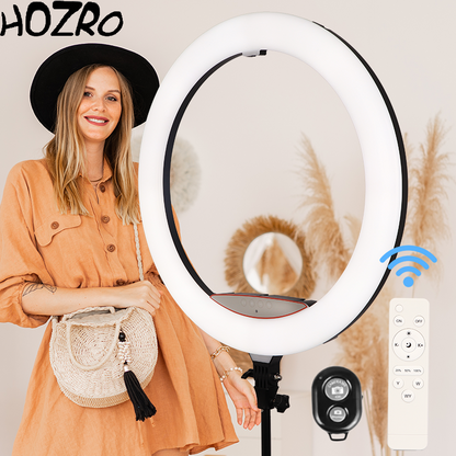 Lampa circulara Ring Light HOZRO, diametru 56cm/22" LED, lumina naturala/rece/calda, conectare USB, reglaj intensitate, suport telefon, Perfectă pentru Orice Situație HOZRO