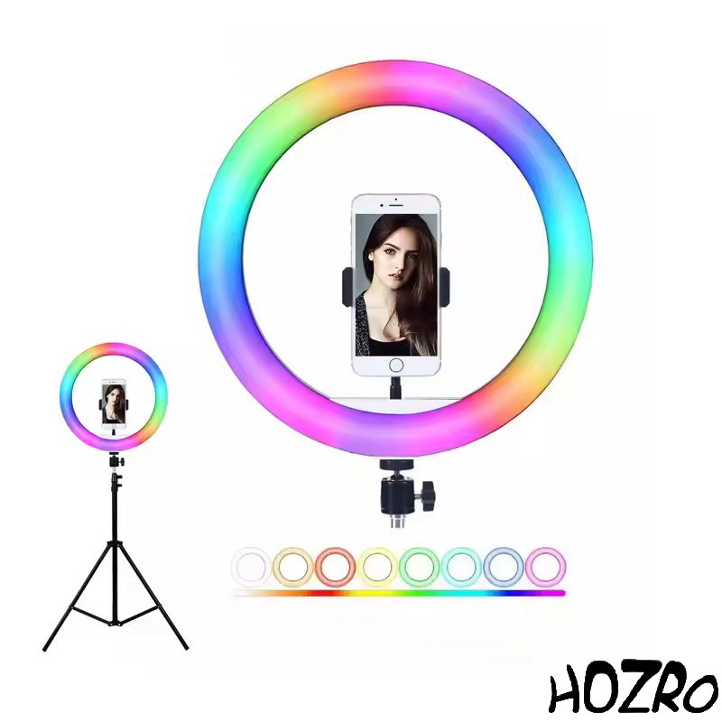 Lampa circulara Ring Light HOZRO, diametru 26cm/10" cu lumina RGB, lumina multicolora, conectare USB, reglaj intensitate, suport telefon, Perfectă pentru Orice Situație HOZRO