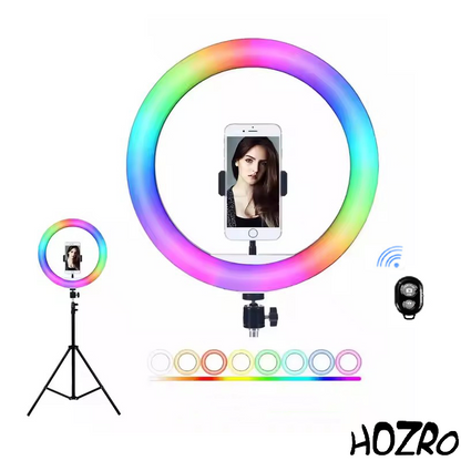Lampa circulara Ring Light HOZRO, diametru 26cm/10" cu lumina RGB, lumina multicolora, conectare USB, reglaj intensitate, suport telefon, Perfectă pentru Orice Situație HOZRO